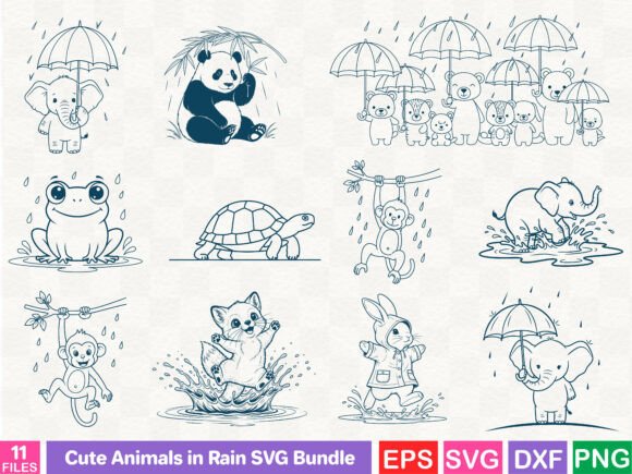 Cute Animals in Rain SVG Bundle