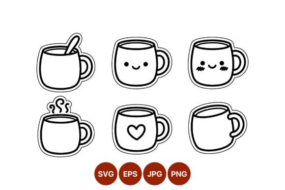 Cute Coffee Mugs Line Art